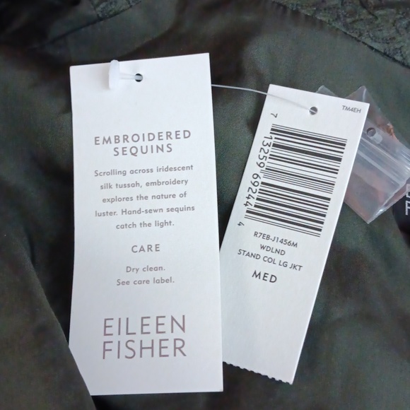 Eileen Fisher Green Embroidered Sequins Silk Jacket Size Medium NWT - Picture 9 of 10